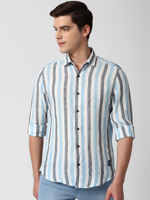 

Peter England Casuals Men Blue & White Super Slim Fit Striped Casual Linen Shirt