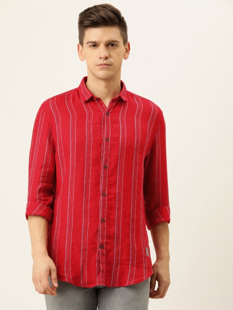 

Peter England Casuals Men Red & White Slim Fit Multi Stripes Linen Casual Shirt