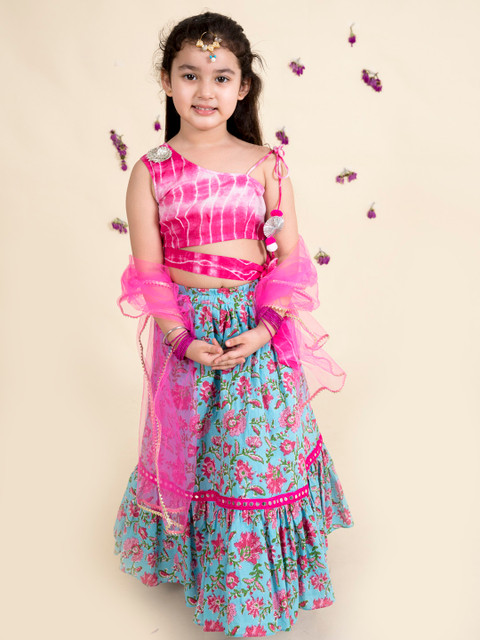 

pspeaches Girls Turquoise Blue & Pink Printed Ready to Wear Lehenga & Blouse With Dupatta