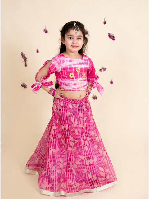 

pspeaches Girls Pink Printed Ready to Wear Lehenga Set