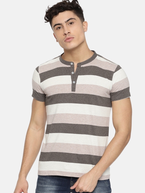 

American Crew Men Off-White & Beige Striped Henley T-shirt