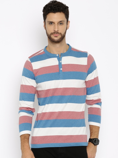 

American Crew Men Blue & Red Striped Henley Neck T-Shirt, Multi