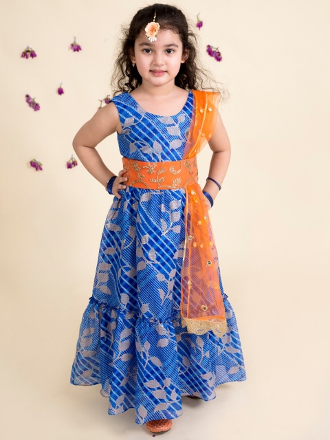 

pspeaches Girls Blue & Orange Printed Fit & Flare Maxi Dress With Dupatta