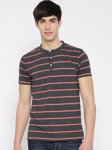 

American Crew Men Charcoal Grey & Pink Striped Henley T-shirt, Grey melange