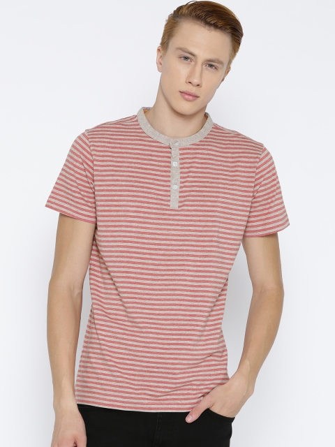 

American Crew Men Red & Grey Striped Henley T-shirt