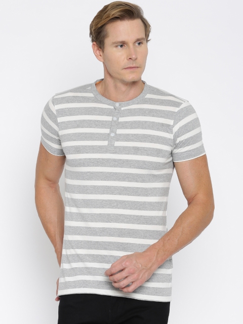 

American Crew Men Grey & White Striped Henley Neck T-shirt