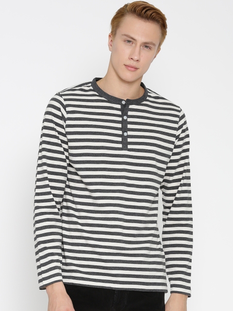 

American Crew Men Off-White & Charcoal Grey Striped Henley T-shirt