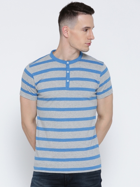 

American Crew Men Grey Melange & Blue Striped Henley T-shirt