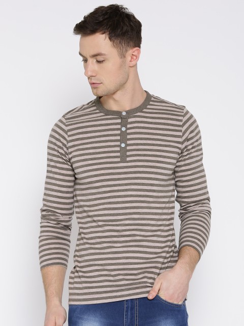 

American Crew Men Brown & Grey Melange Striped Henley T-shirt