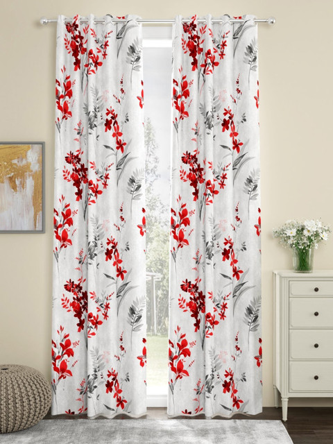 

URBAN SPACE Red & White Set of 2 Floral Long Door Curtain