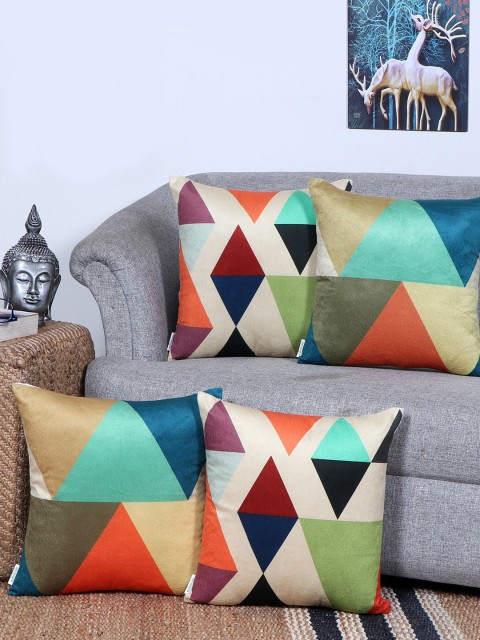 

KICA Multicoloured Set of 4 Geometric Velvet Square Cushion Covers, Multi