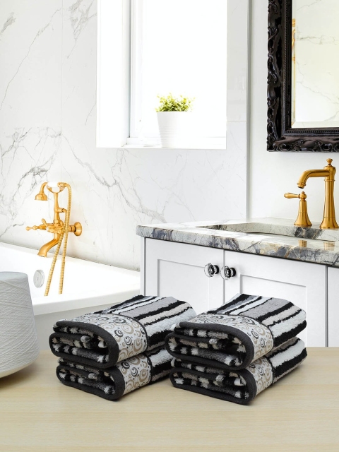 

RANGOLI White & Black Set of 4 Striped 450 GSM Pure Cotton Hand Towels