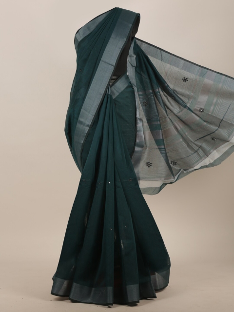 

Pothys Green & Silver-Toned Mirror Work Saree