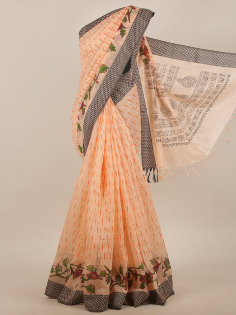 

Pothys Peach-Coloured & Black Cotton Blend Saree