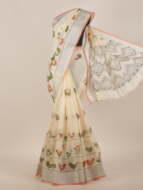 

Pothys Cream-Coloured & Orange Printed Saree