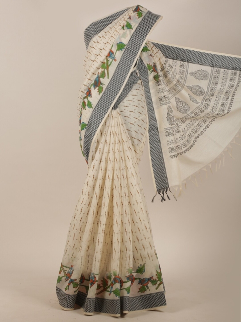 

Pothys Cream-Coloured & Green Cotton Blend Saree