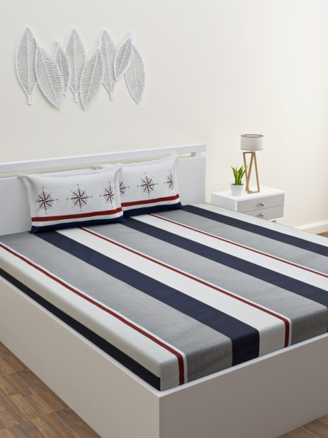 

HOME AFFAIRS Grey & Navy Blue Striped 180 TC King Bedsheet with 2 Pillow Covers