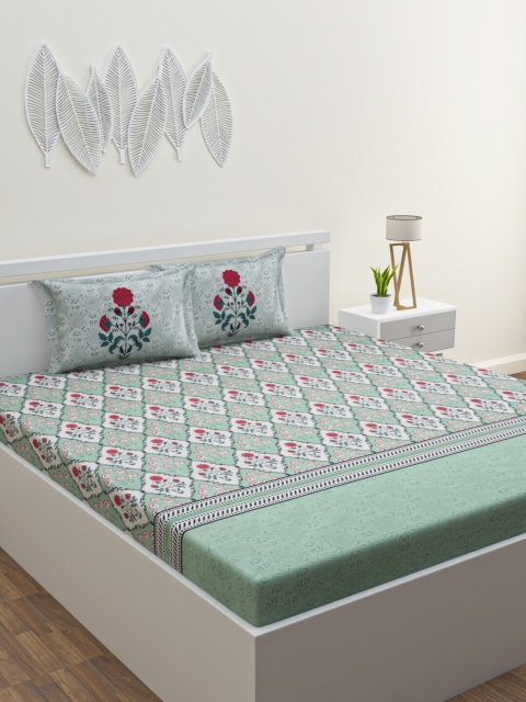 

HOME AFFAIRS Teal Green & Red Ethnic Motifs 180 TC King Bedsheet with 2 Pillow Covers