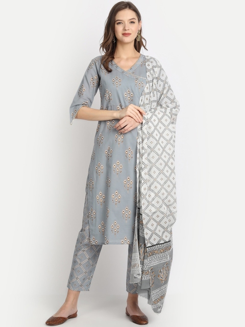 

Anubhutee Women Grey Ethnic Motifs Printed Pure Cotton Kurta with Trousers & With Dupatta