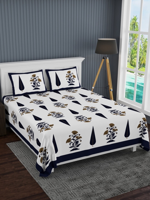 

LIVING ROOTS White & Blue Ethnic Motifs 210 TC King Bedsheet with 2 Pillow Covers
