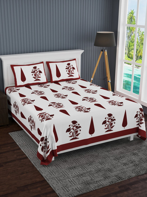 

LIVING ROOTS White & Maroon Ethnic Motifs 210 TC King Bedsheet with 2 Pillow Covers