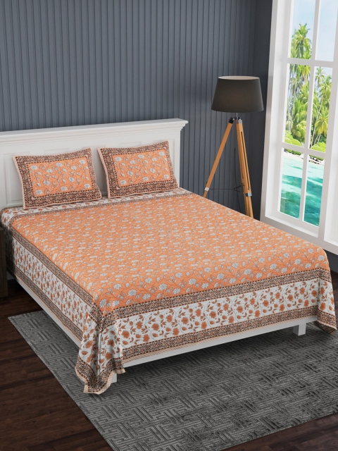 

LIVING ROOTS Orange & White Floral 210 TC King Bedsheet with 2 Pillow Covers