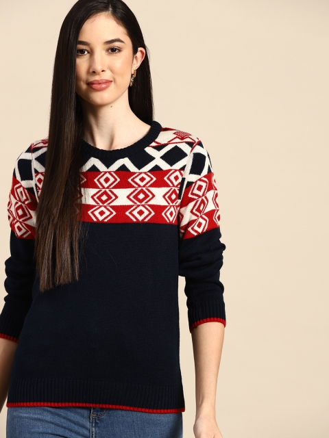 

Anouk Women Navy Blue & Red Self-Design Pullover