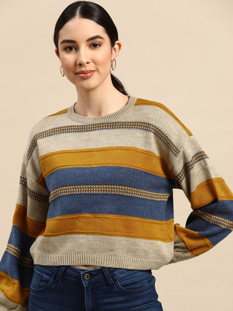 

Anouk Women Beige & Mustard Yellow Striped Pullover