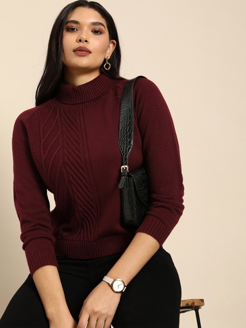 

Anouk Women Maroon Self-design Cable Knit Turtle Neck Winter Pullover Sweater