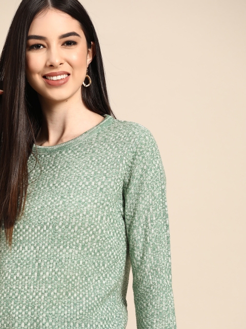 

Anouk Women Green & White Self-Design Pullover