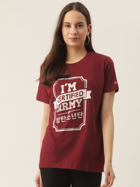 

PRINTOCTOPUS Women Maroon Typography Printed Pure Cotton T-shirt