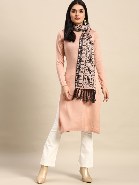 

Anouk Women Peach-Coloured & Black Ethnic Motifs Winter Straight Kurta