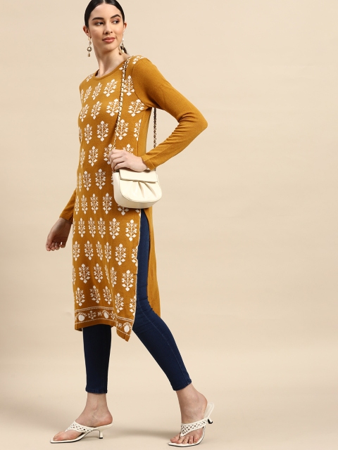 

Anouk Women Mustard Yellow & White Self-Design Winter Kurta