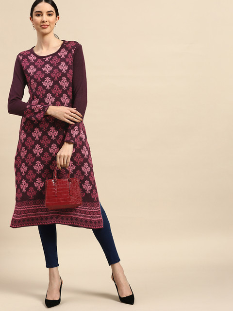 

Anouk Women Burgundy & Pink Self-Design Winter Kurta