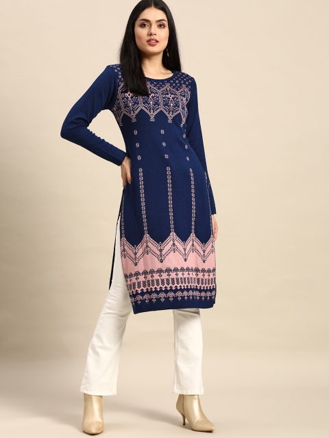 

Anouk Women Navy Blue & Pink Ethnic Motifs Winter Straight Kurta