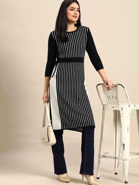 

Anouk Women Navy Blue & White Striped Winter Straight Kurta