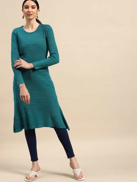 

Anouk Women Teal Green & Silver Striped A-Line Winter Kurta