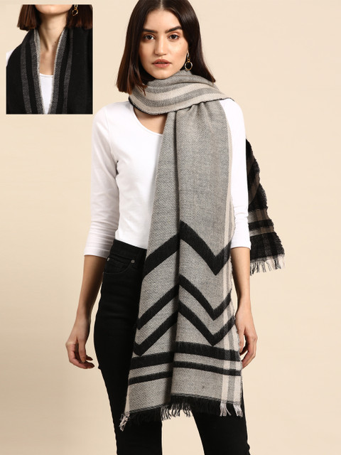 

Anouk Women Grey & Black Chevron Print Reversible Fringed Winter Stole
