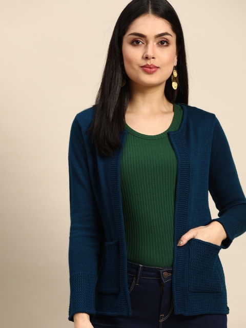 

Anouk Women Navy Blue Self Design Front Open Winter Shrug
