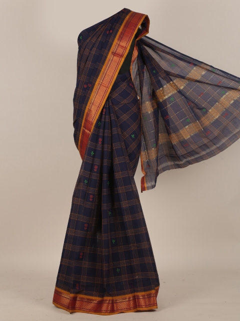 

Pothys Navy Blue & Golden Checked Pure Cotton Saree