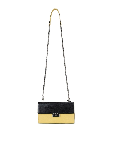 

Da Milano Women Black & Yellow Colourblocked Leather Two Fold Wallet with Sling Strap