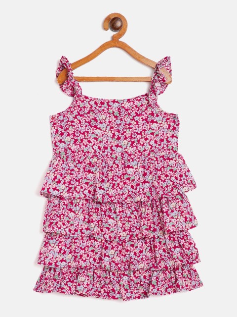 

KIDKLO Girls Pink Floral Floral Printed Tiered Dress