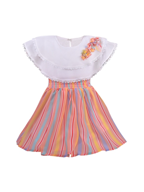 

Wish Karo Girls Orange & White Striped Georgette Fit & Flare Dress
