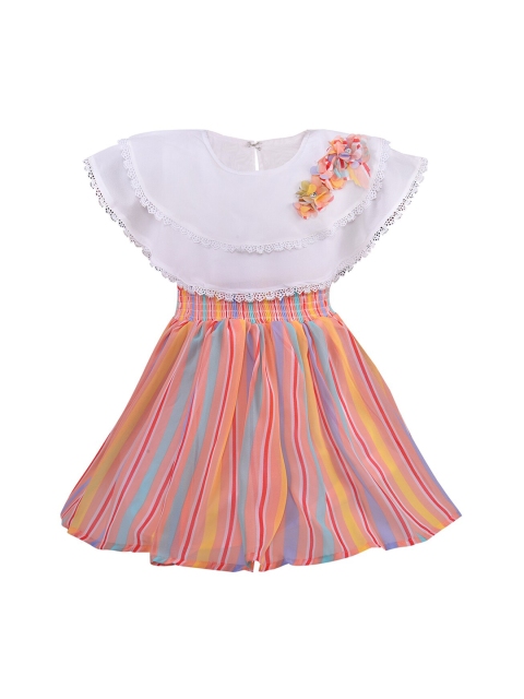 

Wish Karo Girls Orange & White Striped Georgette Fit & Flare Dress