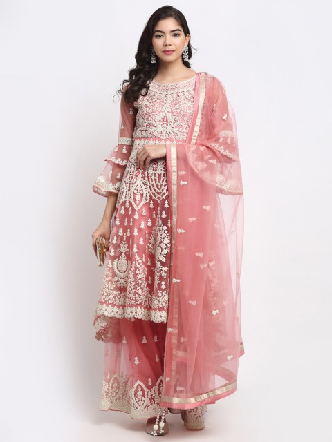 

Stylee LIFESTYLE Pink & Off White Net Embroidered Semi-Stitched Dress Material