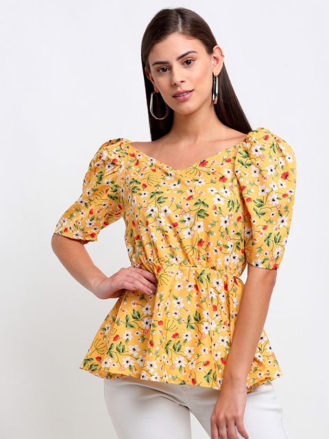 

emeros Yellow Floral Puff Sleeve Crepe Peplum Top