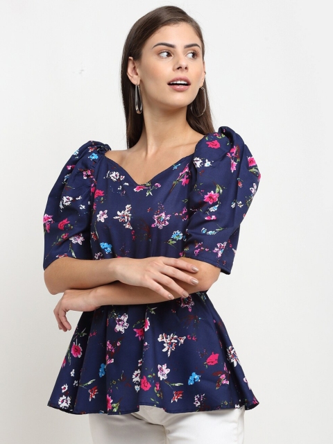 

emeros Navy Blue Floral Puff Sleeve Crepe Cinched Waist Top