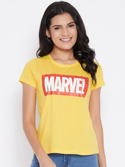 

Marvel by Wear Your Mind Women Yellow & Red Marvel Typography Printed Pure Cotton T-shirt
