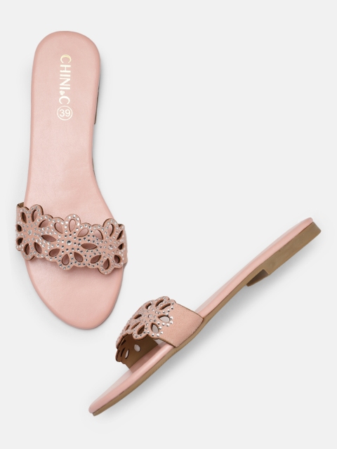 

CHINI C Women Pink Embellished Laser Cut Open Toe Flats