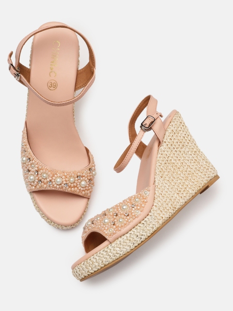 

CHINI C Women Peach-Coloured & White Embellished Wedges